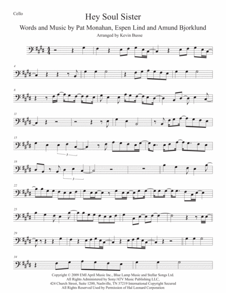 Hey Soul Sister Cello Original Key Sheet Music