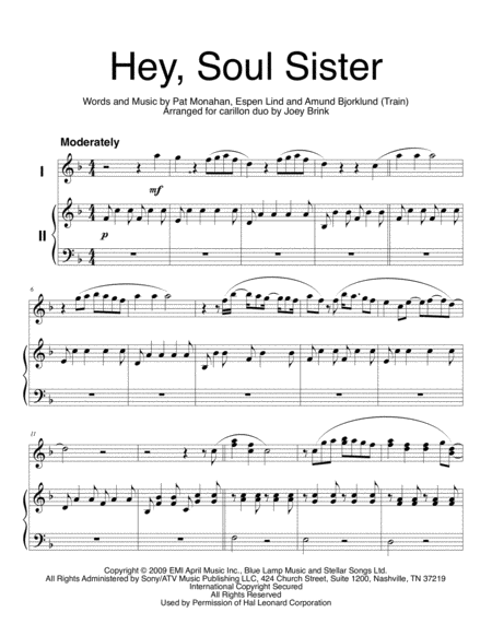 Free Sheet Music Hey Soul Sister For Carillon Duet
