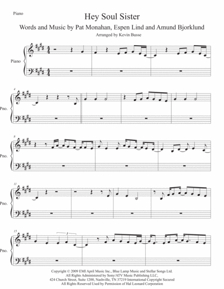 Free Sheet Music Hey Soul Sister Piano Original Key