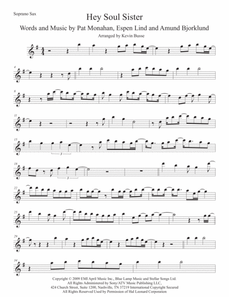 Free Sheet Music Hey Soul Sister Soprano Sax