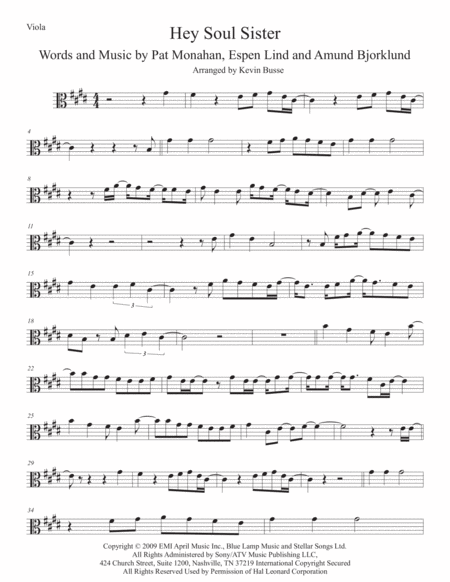 Free Sheet Music Hey Soul Sister Viola Original Key