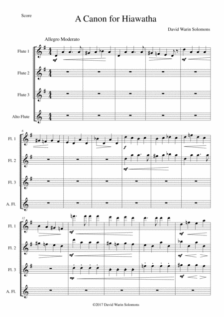 Free Sheet Music Hiawatha A Canon For Hiawatha For Flute Quartet 3 Flutes 1 Alto Flute