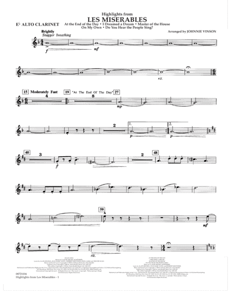 Highlights From Les Misrables Arr Johnnie Vinson Eb Alto Clarinet Sheet Music