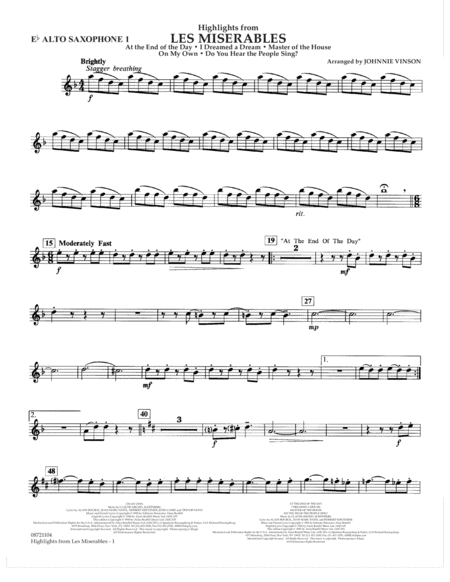 Free Sheet Music Highlights From Les Misrables Arr Johnnie Vinson Eb Alto Sax 1