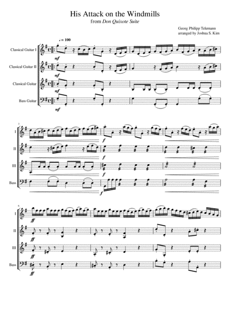 His Attack On The Windmills For Guitar Quartet From Don Quixote Suite Sheet Music