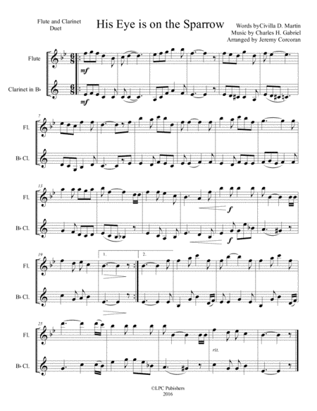 Free Sheet Music His Eye Is On The Sparrow Flute And Clarinet Duet