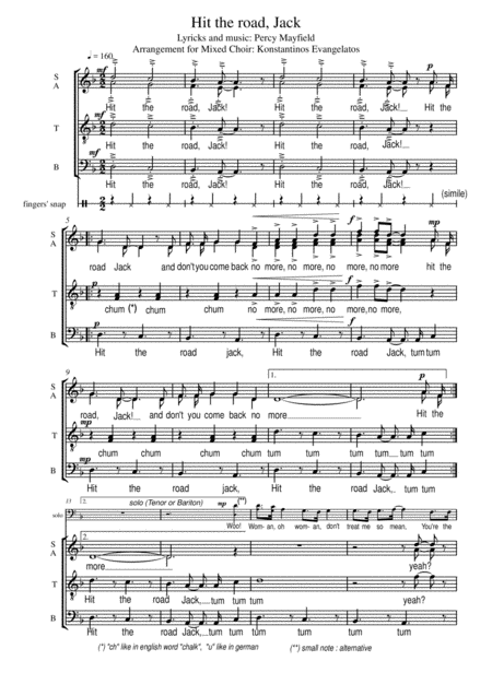 Free Sheet Music Hit The Road Jack Satb A Cappella