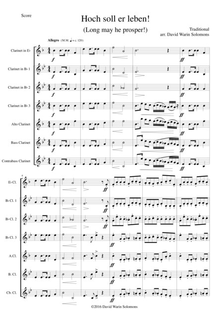 Hoch Soll Er Leben Long May He Prosper For Clarinet Choir Sheet Music