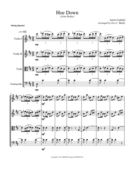 Hoe Down From Rodeo Copland String Quartet Sheet Music