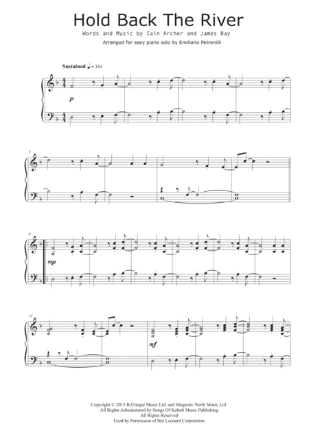 Hold Back The River Easy Piano Solo Sheet Music