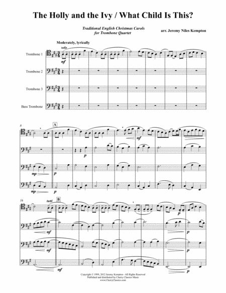 Free Sheet Music Holly And The Ivy And What Child Is This For Trombone Quartet