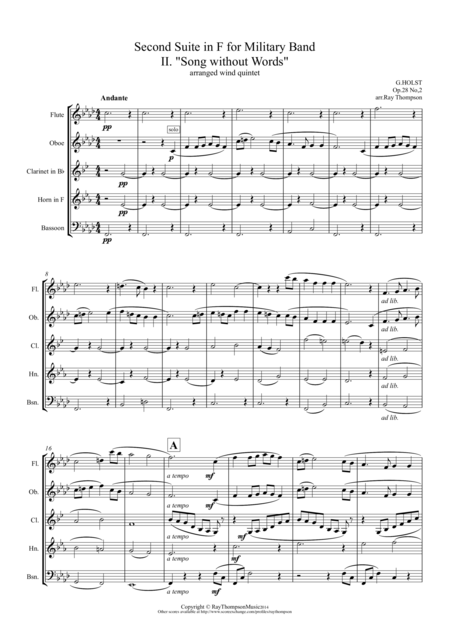 Free Sheet Music Holst 2nd Suite In F Op 28 No 2 Mvt Ii Song Without Words Wind Quintet