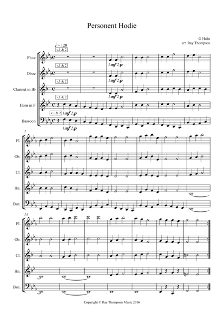 Free Sheet Music Holst Personent Hodie On This Day Earth Shall Ring Wind Quintet