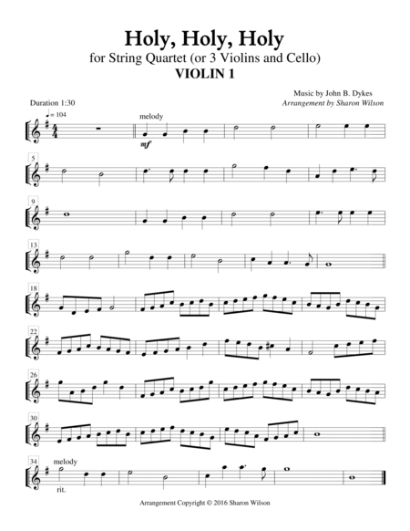 Free Sheet Music Holy Holy Holy For String Quartet
