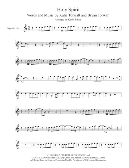 Holy Spirit Easy Key Of C Soprano Sax Sheet Music