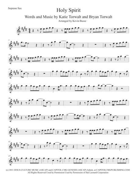 Holy Spirit Original Key Soprano Sax Sheet Music