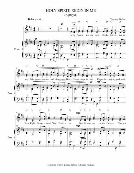 Free Sheet Music Holy Spirit Reign In Me