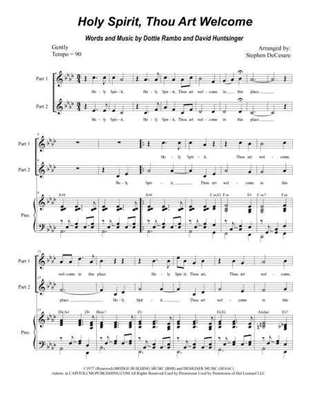 Holy Spirit Thou Art Welcome For 2 Part Choir Sheet Music