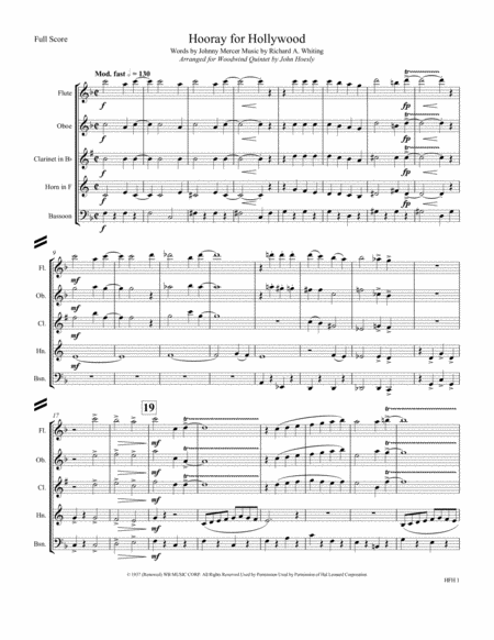 Free Sheet Music Hooray For Hollywood Woodwind Quintet