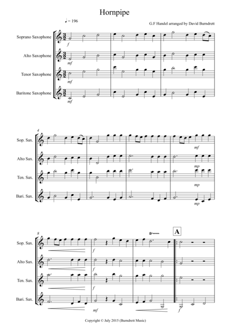 Free Sheet Music Hornpipe From Handels Water Music For Saxophone Quartet