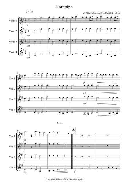 Free Sheet Music Hornpipe From Handels Water Music For Violin Quartet