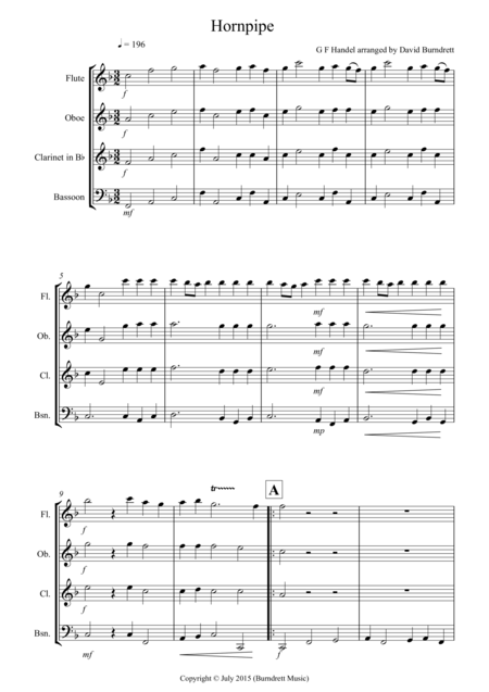 Free Sheet Music Hornpipe From Handels Water Music For Wind Quartet