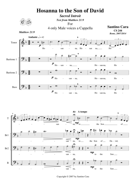 Hosanna To The Son Of David For Only 4 Male Voices A Cappella Sheet Music