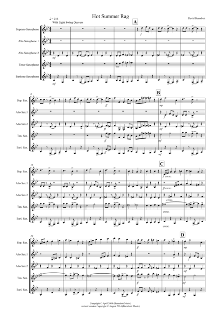 Hot Summer Rag For Saxophone Quintet Sheet Music