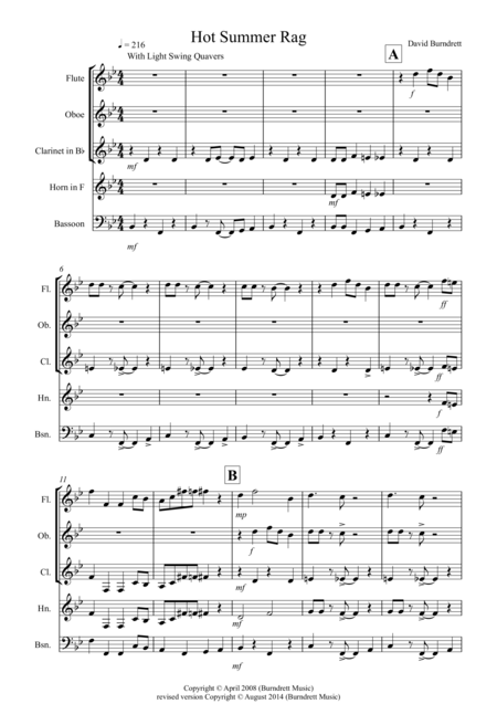 Hot Summer Rag For Wind Quintet Sheet Music