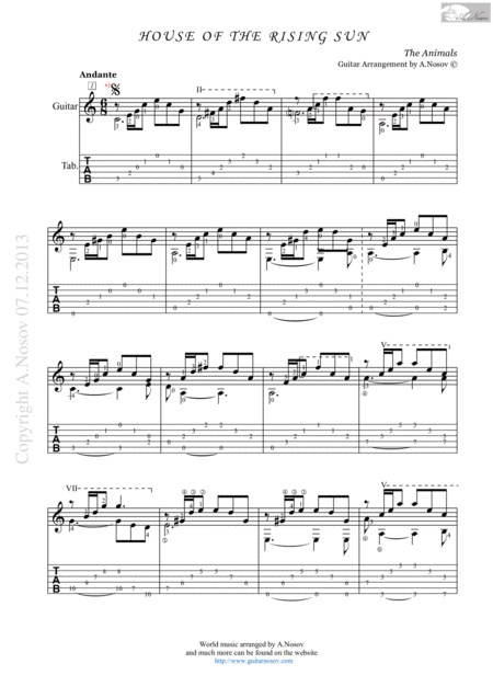 Free Sheet Music House Of The Rising Sun Sheet Music For Guitar