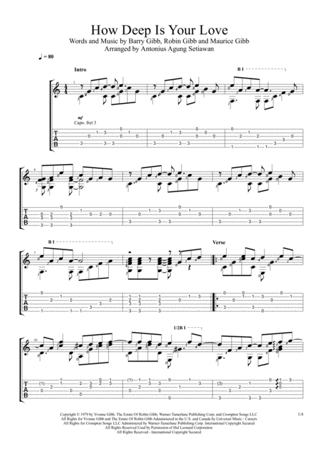 How Deep Is Your Love From The Motion Picture Saturday Night Fever Solo Guitar Tablature Sheet Music