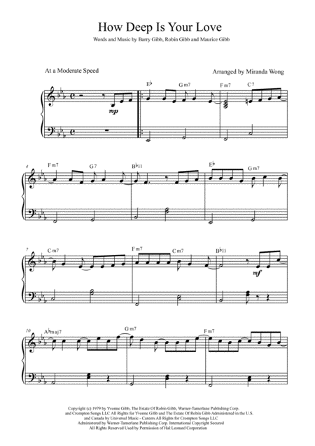 How Deep Is Your Love Piano Solo In Published Eb Key With Chords Sheet Music