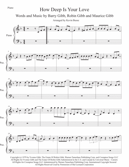 How Deep Is Your Love Piano Sheet Music