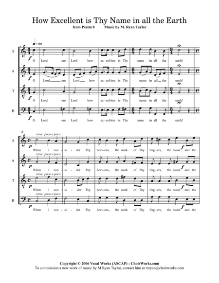 How Excellent Is Thy Name In All The Earth Psalm 8 Satb Acapella Sheet Music