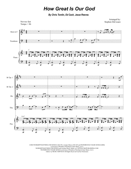 Free Sheet Music How Great Is Our God For Brass Quartet And Piano