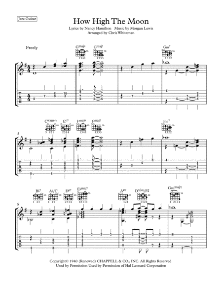 How High The Moon Jazz Guitar Chord Melody Sheet Music