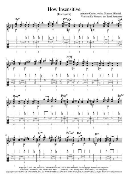 Free Sheet Music How Insensitive Insensatez Solo Guitar Arrangement