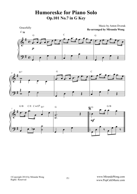 Humoreske Op 101 No 7 Piano Solo In G Key Sheet Music