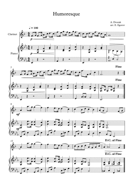 Free Sheet Music Humoresque Antonin Dvorak For Clarinet Piano