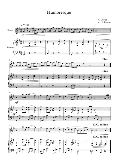 Free Sheet Music Humoresque Antonin Dvorak For Flute Piano