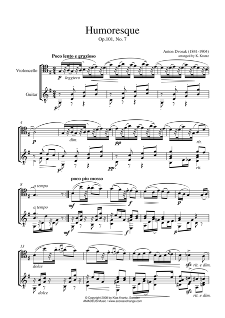 Free Sheet Music Humoresque For Cello And Guitar