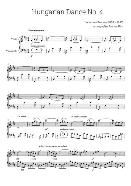 Hungarian Dance No 4 For Violin Cello Duet Sheet Music