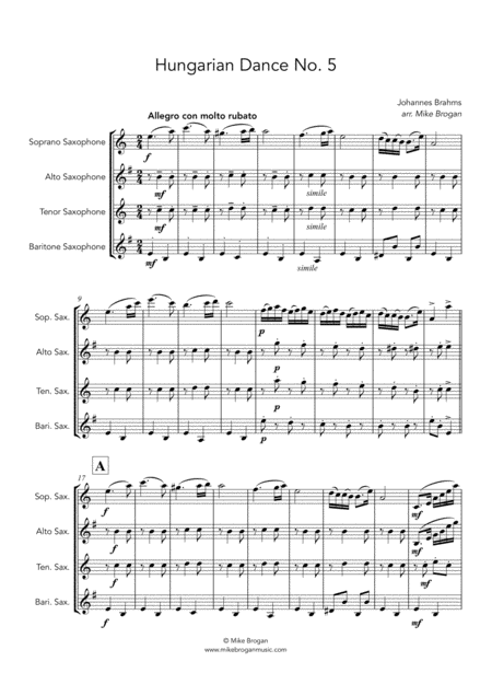 Hungarian Dance No 5 Brahms Satb Saxophone Quartet Sheet Music