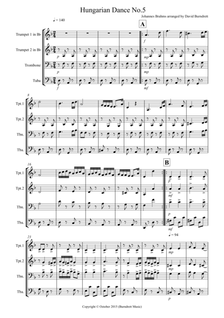 Hungarian Dance No 5 By Brahms For Brass Quartet Sheet Music