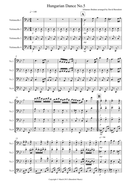 Hungarian Dance No 5 For Cello Quartet Sheet Music