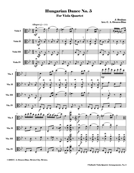 Hungarian Dance No 5 For Viola Quartet Score And Parts Sheet Music