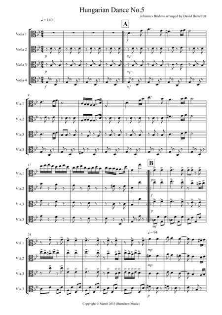 Free Sheet Music Hungarian Dance No 5 For Viola Quartet
