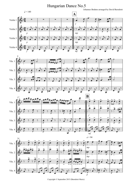 Hungarian Dance No 5 For Violin Quartet Sheet Music