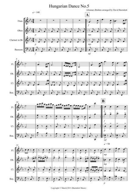 Hungarian Dance No 5 For Wind Quartet Sheet Music