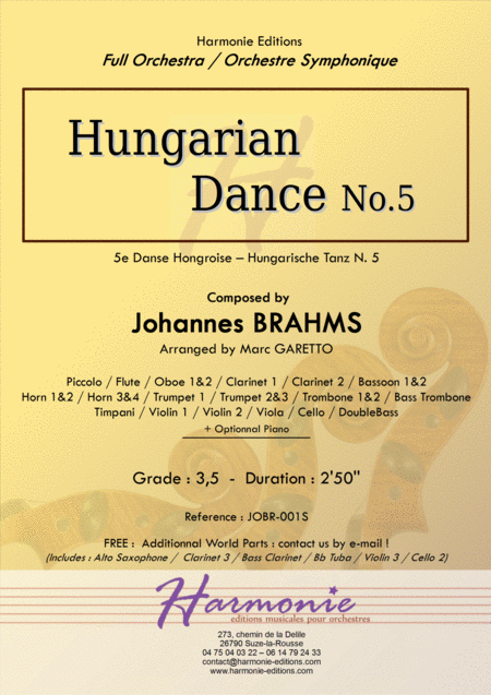 Free Sheet Music Hungarian Dance No 5 J Brahms Arranged For Full Orchestra By Marc Garetto